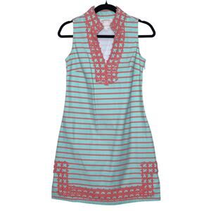 SAIL TO SABLE Coral Embroidered Tunic Dress Mint Stripe Collared Women's XS
